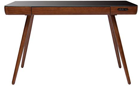 Miliboo - Escritorio con conexión multimedia con cajón de cristal, color negro y madera oscura nogal L120 cm Clever