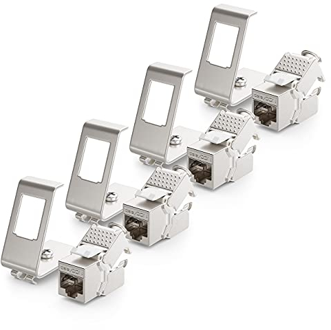 deleyCON 4x CAT6a Keystone Jack Module Avec 4x 1-Port Adaptateur Pour Profilé Chapeau Comme Set Métal STP Blindage RJ45 Femelle 10 Gbit/s Réseau Montage Snap-In Pour Profilés Chapeau 35mm