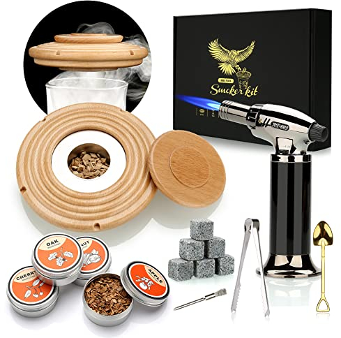 Cocktail Smoker Kit with Torch, Whiskey Smoker Drinks Kit, Old Fashioned Whisky Smoker with Whiskey Stones Gifts for Men, Husband, Dad (No Butane)-Beech