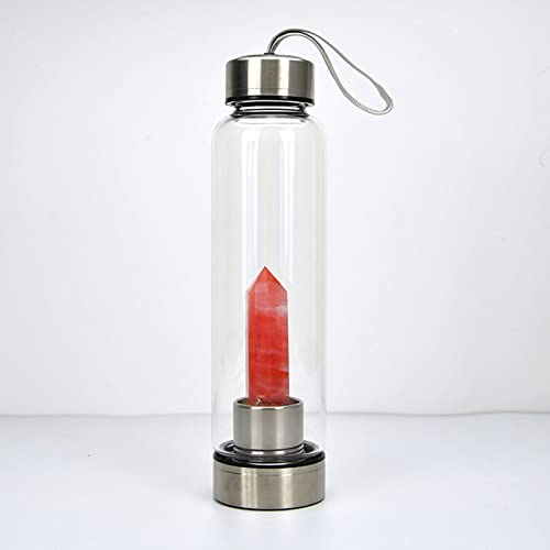 SAHKGYE 550 Ml Bottiglia d'Acqua in Cristallo Naturale Bottiglia d'Acqua Infusa con Gemma Bastone della Bacchetta Dell'obelisco di Cristallo Reiki con Punto di Elisir Curativo (Color : Red Smelting)