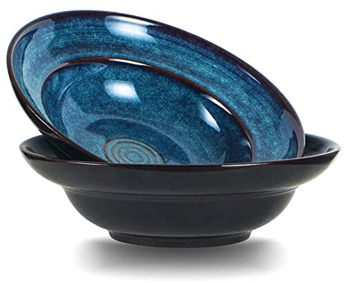 STE-CER Keramik-Nudel-Salatschüssel, 25,4 cm breiter Rand, Suppenschüsseln, 1,4 l, tiefes Porzellan, Pastateller, Set mit 2 großen Servierschalen für Küche, mikrowellengeeignet (Sternenblau)