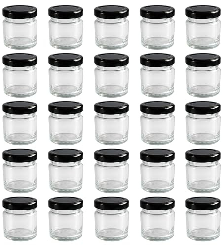 Vitrea 25x Mini Marmeladengläser 37 ml - mit Deckel Schwarz TO 43 - kleine Einmachgläser zum befüllen mit Schraubdeckel - Schraubgläser - leere Gläser für Marmelade - 25 Stück