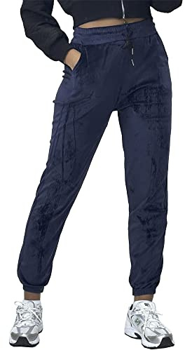 Women's Soft Touch Velour Lounge-WEAR Velvet Workout Bottoms - Black, Charcoal Grey, Mocha, Khaki, Wine, Navy - Size S/M - L/XL (as8, Alpha, l, x_l, Regular, Regular, Navy, Relaxed)