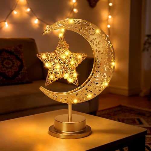 BomKra LED Mond Tischlampe Batteriebetrieben Metall Mondform Schreibtischlampe Nachttischlampe Weihnachtsdeko Ramadan Tischdeko für Heim Schlafzimmer Büro Geschenk Warmweiß (A)