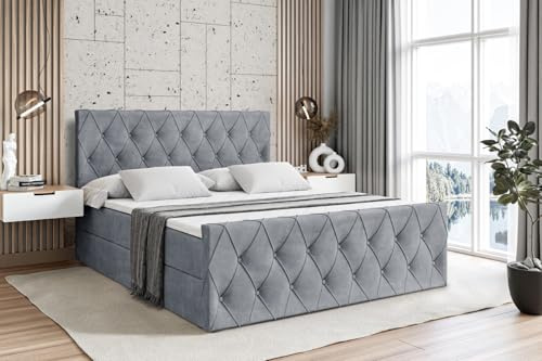 ALTDECOR Boxspringbett mit Matratze und Lattenrost, Boxbett, Fußteil, Topper, Polsterbett mit Bettkasten, Bett mit Stauraum H3-Matratze, Doppelbett, Springboxbett - Amay - 180x200 - Grau Samt