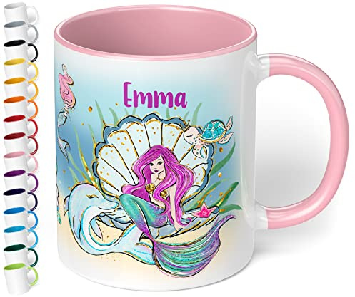 Kindertasse mit Namen „Meerjungfrau“ – Kinderbecher personalisiert | Tasse für Mädchen, Namenstasse für Kinder - personalisierte Geschenke zur Einschulung, Geburtstag, Weihnachten (Rosa)