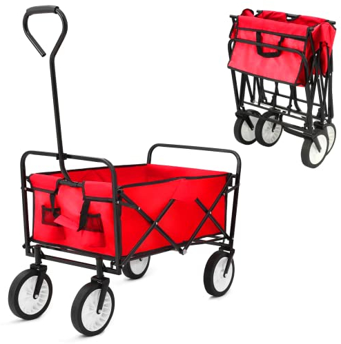MAMIZO Bollerwagen Transportwagen Faltbar, Handwagen mit Seitentasche, Gartenwagen mit 80 kg Tragfähigkeit, Outdoor-Camping Einkaufen für Alle Gelände (Rot)
