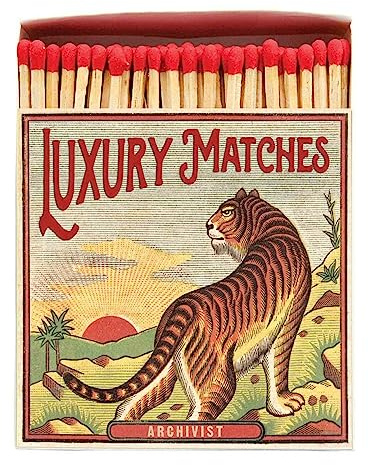 Tiger Sunrise Long Matches - Luxury Giant Square Matchbox - White Tip Coloured Large Matchsticks - Candles Fireside Housewarming Gift