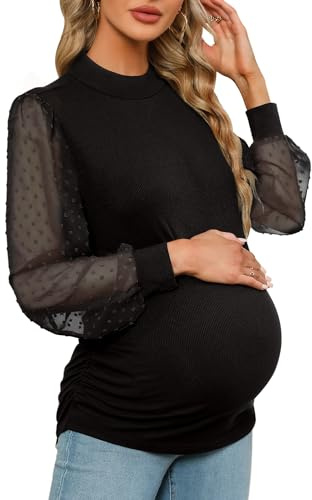 FMEYOA Women's Maternity Shirt Long Sleeve Top Swiss Dot Mock Neck Ribbed Knit Striped Ruched Side Blouse(Black,Medium)