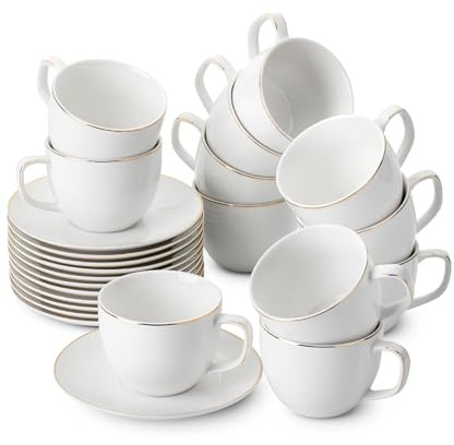 BTaT- Cappuccino Cups with Saucers 8 oz, Set of 12, White Porcelain Coffee Cup and Saucer Set for Latte with Golden Trim Design, Dishwasher Safe, Mocha, Tea, Au Lait, Flat White, Mothers Day Gift