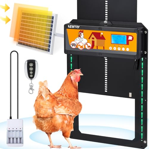 NEWTRY Puerta automática para gallinero con panel solar de 10w y cable extensible, temporizador y sensor de luz programable, antipinzamiento, indicador de tira de luz más mando a distancia de 40m.