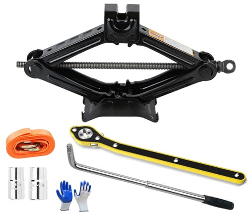 Universal Scissor Car Jack, Load 2.5 Tons, Lifting Height 10-39CM, with Tow Rope 2M, Wrench*2, Gloves, Tyre Repair Tools Kit for Car Van Sports Utility Vehicles