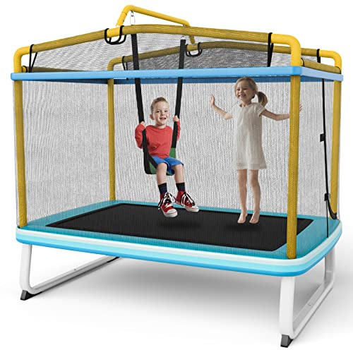 GYMAX 3-en-1 Trampoline Extérieur Enfants & Balançoire & Barre Horizontale, Cadre Robuste, Charge 220kg, Filet de Sécurité, Patins Antidérapants, Trampoline Jardin pour 2 Enfants 3 Ans+ (Jaune)