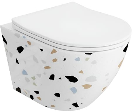 LAVITA Wand-WC Sofi Slim Stone Hänge Toilette WC Sitz Toilettendeckel mit Absenkautomatik & Metallscharniere Toiletten Tornado Spülsystem Hängend Toilettenbecken 365x490x395 mm Weißer Glanz