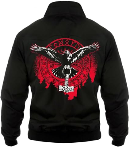 Herren gefütterte Harrington WINTER Jacke Odins Raben mit Thors Hammer Wikinger