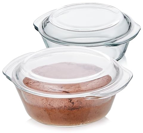 KHG Auflaufformen Glas mit Deckel 2er-Set 1,5 L, vielseitig einsetzbar | Rund für kalte & warme Speisen, spülmaschinenfest, mikrowellengeeignet, Glasbräter Glasform Backform, 23x10x21 cm