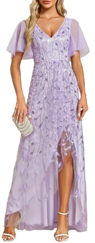 Ever-Pretty Vestido Largo de Invitada Boda Mujer Abertura Cuello en V Doble Asimétrico Lentejuelas Vestido Noche con Cintura Imperio Lavanda 44