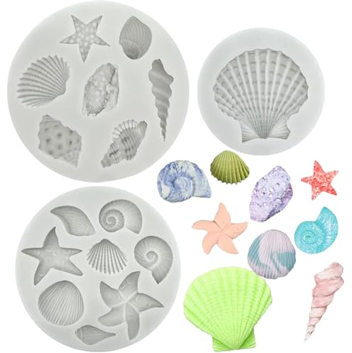 3 Piezas Molde Conchas Del Mar,Marina Animales Moldes Silicona,3D Marina Animales Moldes Silicona,Moldes Estrella de Mar,Conchas y Caracolas de Coral,Para Gelatina,Chocolate,Pudding,Decoracione Tarta