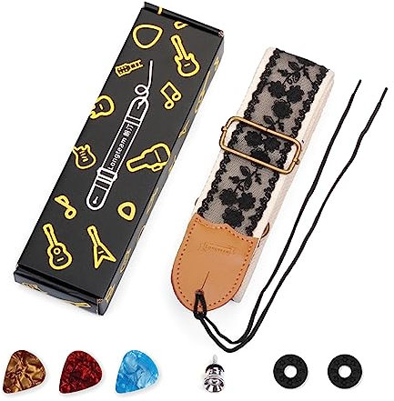 Gitarrengurt für Bassgitarre, Vintage, Akustikgitarre, E-Gitarre, Nylon, Schultergurt für Gitarristen, Mädchen und Frauen, Bassgitarre, Zubehör für Anfänger und Erwachsene, Schwarz