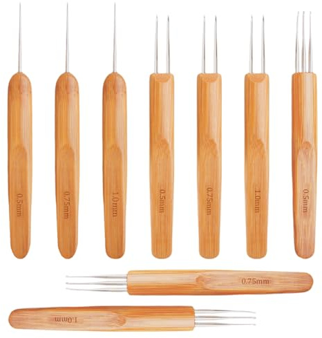 9 Stück 0.5/0.75/1mm Dreadlock Häkelnadel Bambus Nadel Weben Häkeln,Dreadlock-Haken,Häkelnadel-Set mit Bambusgriffen, Ideal für Dreadlocks,Zöpfe,Perücken und mehr