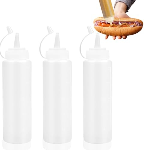 JUNEYE Bottles with Caps, 3 Pack Squeezy Sauce Bottles, Plastic Squeeze Dispensers with Measurements for Ketchup, BBQ, Sauces, Syrup, Dressings (500ML)