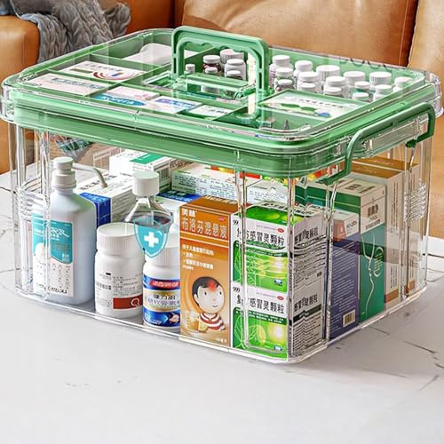 Medikamenten Aufbewahrung,Medizinbox Hausapotheke box mit Griff und herausnehmbarem Fach,Doppellagig Multifunción Aufbewahrungsbehälter Große Kapazität für Medikamente,Gadgets,Kosmetische(Grüner-L)