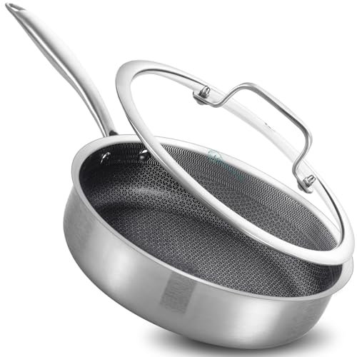 LOLYKITCH 3 Quarts Hybrid-Edelstahl-Schmorpfanne, Antihaftbeschichtung, 25,4 cm Induktion, tiefe Bratpfanne, spülmaschinen- und ofenfest, genieteter Griff.