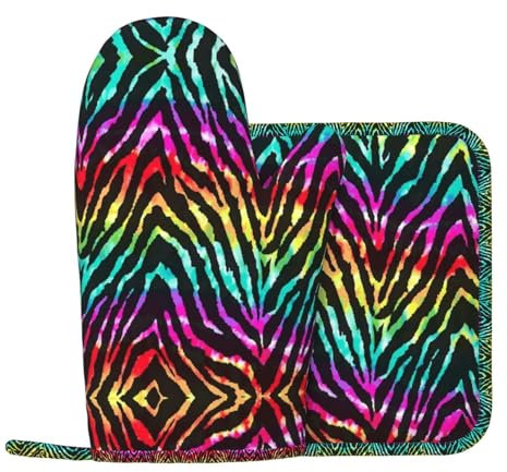 Colorful Rainbow Zebra Silicone Oven Gloves And Pot Mat Oven Gloves For Grilling Cooking And Baking