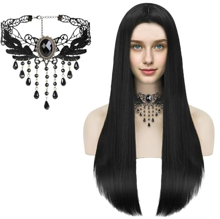 Perücke Schwarze Hexenkostüm-Kostüm für Damen mit Accessoires, Morticia Addams Kostüm für Cosplay, Halloween, Karneval und Themenpartys
