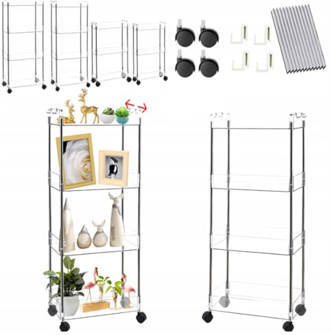 Hooha Rollwagen 4 Ebenen Aufbewahrungswagen mit Rollen Allzweckwagen für Küche/Bad/Wäsche/Büro/Schlafzimmer Kleine Nichenregal 100cm×30.5cm×9cm Schmale Plätze&Wagen Beistellwagen&Putzwagen Transparent