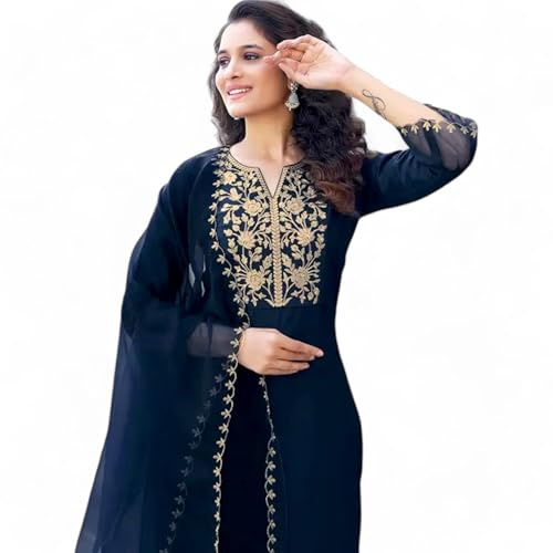 RangMahal Indische Damen-Kurta-Hose, handgefertigt, reine Baumwollmischung, bestickt, Dupatta-Set, Blau, X-Large