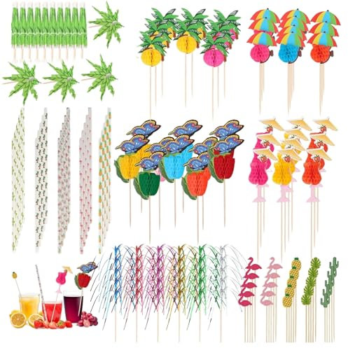 150pcs Cocktail Accessories for Drinks, Cocktail Party Decorations, Cocktail Umbrellas, Cocktail Straws, Cocktail Sparkler Sticks, Cocktail Decoration for Summer Beach, Party, Food Drink Decoration