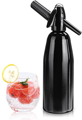 Portable Soda Maker, 1L Sparkling Water Maker Aluminum Soda Siphon, Soda Machine for Homemade Seltzer, Cocktails, Fizzy Drinks, Mojitos, Home & Bar Use, NO CO2 Cylinders Included (Black)