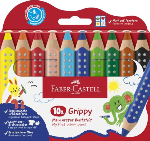 FABER-CASTELL - Buntstifte Set Grippy, 10 Malstifte für Kleinkinder | Dicke Farbstifte 3-in-1 mit 10 mm Mine und ergonomischer Dreikantform, leicht abwaschbar