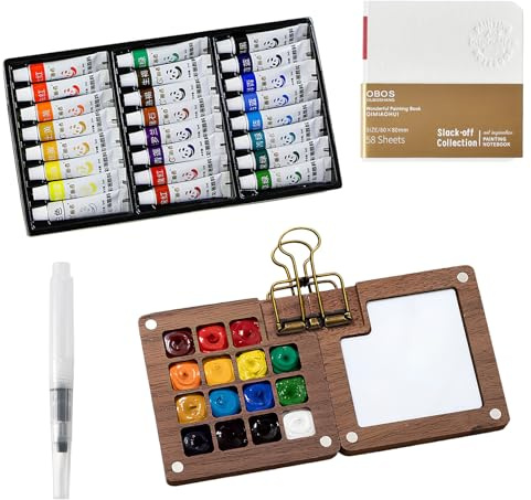 Set Aquarelle Miniature, Palette d'Aquarelle Portable avec 15 Cases – Boîte en Bois pour Voyage, Kit Artistique Compact avec Papier Aquarelle, Pinceaux, Clip & Carnet de Croquis (AVEC 24 Couleurs)