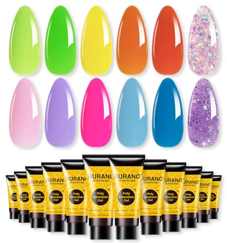 BURANO Poly Nagel Gel Set, 12 Farben Nagel Poly Verlängerung Gel Kit | Poly Nagelgel Set für Anfänger und Profis, kein Absplittern, langes Tragen, DIY Poly Nagelgel Starter Set