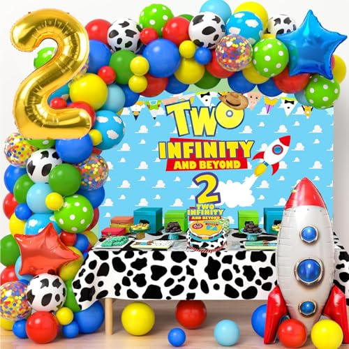 Two Infinity and Beyond Birthday Party Decorations Kit Including 2 Infinity And Beyond Backdrop,Balloon Garland Arch, Tablecloth, Cake Topper