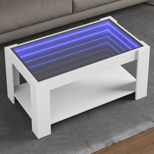 HaoChrymec LED-Couchtisch Weiß mit RGB-LED-Beleuchtung, Modernes Design mit Infinity-Spiegel, Beistelltisch für Wohnzimmer, Sofa Tisch, 93 x 53 x 45 cm