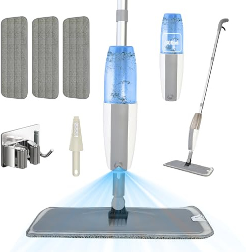 Bizcasa Mopa Fregona con Pulverizador, Mopas de Limpieza Suelos con depósito Spray Mop Fregona Microfibra para el hogar, Cocina, Madera Dura, laminados, Azulejos (Gris - 300 ml - 3 pcs Pads)