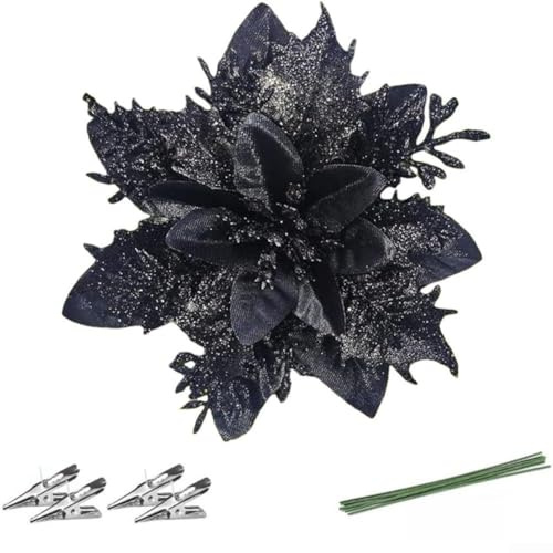 Weihnachtsbaum-Blumen-Dekoration mit Stiel-Clips, 30 Stück, glitzernde künstliche Weihnachtssterne für Weihnachtsbaum, Hochzeitsdekoration (schwarz)