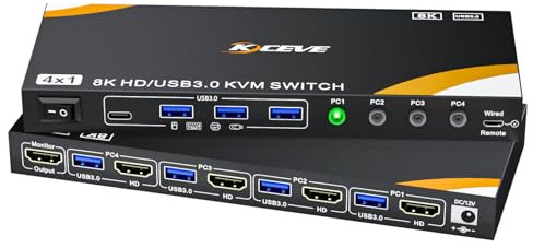 YOUTINGHDAV HDMI KVM Switch 4 Computers 1 Monitor 8K@60Hz, 4K@144Hz, USB 3.0 KVM Switch 4 Ports for 4 Computer Share Mouse Keyboard, Wired Remote(8K HD 4 in 1 out KVM)