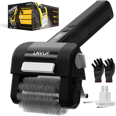 LNVUF Electric Grill Brush, Grill Cleaner with LED Light, with 800 RPM Motor, 304 Removable Stainless Steel Brush Head, Cordless & Type-C Rechargeable for BBQ, Heavy Duty Grill Cleaning Tool (Black)