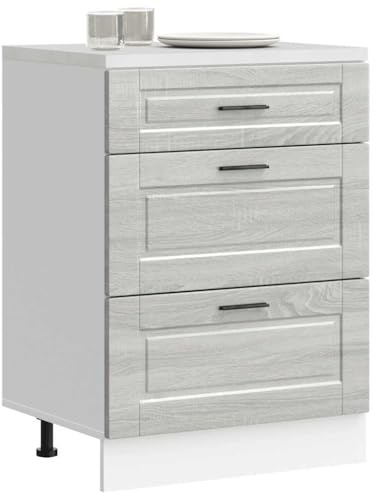 Zeehear köksunderskåp Porto grå Sonoma trämaterial, 60 x 46 x 81,5 cm, justerbara fötter, hållbara, fuktbeständiga, idealiska för köksförvaringsutrymme