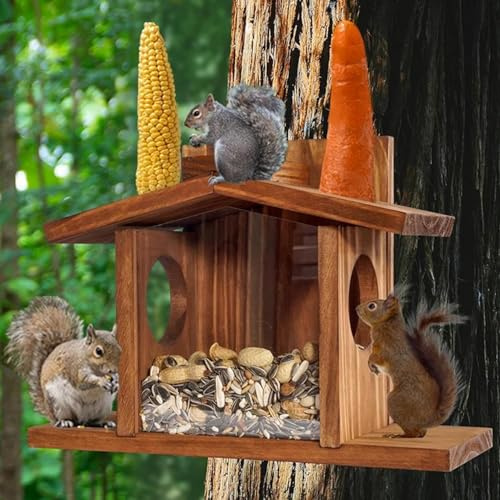 Eichhörnchen-Futterspender für draußen, Eichhörnchenhaus, einfach zu befüllender Vogelfutterspender aus Holz, sichtbarer Vogelfutterspender mit Abnehmbarer Platte für Mais, Talg, Outdoor-Ornamente