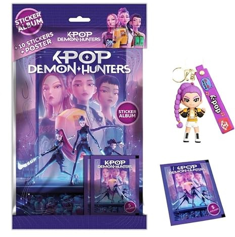Album Figurine Pop Demon Hunters RUMI MIRA ZOEY personaggi con 2 Bustine di Sticker + 12 bustine figurine + Poster + Portachiave