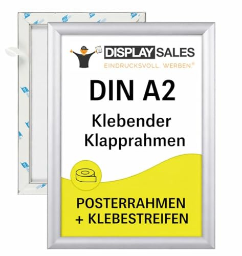 DISPLAY SALES Klapprahmen Aluminium selbstklebend A2 | Rahmen ohne Bohren | Posterrahmen Werberahmen mit Klapptechnik für Werbung, Infos & Poster in schwarz und silber