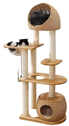 Cat Tree Tower for Large Cats, Solid Wood Floor-Standing Cat Tree, Luxury Simulation Climbing Frame Bed for Multiple Cats with Scratching Board, Hammock, and Space Capsule