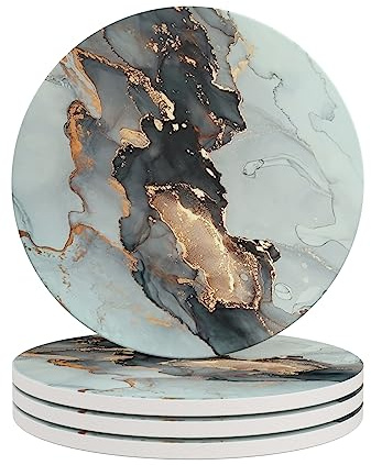 HAOCOO 4 Stück Runden Getränk Untersetzer - Saugfähiger Stein Untersetzer Set mit Korkboden und Keramik Stein, Dekorativ Untersetzer für Arten von Bechern und Tassen (Grauer Marmor)