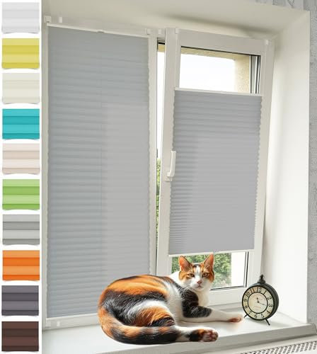 Vkele Plissee ohne Bohren Klemmfix – Faltrollo Jalousie Hellgrau 80x80cm(BxH), Lichtdurchlässig & Blickdicht, Sonnenschutz & Sichtschutz, Easyfix Rollo für Fenster & Tür