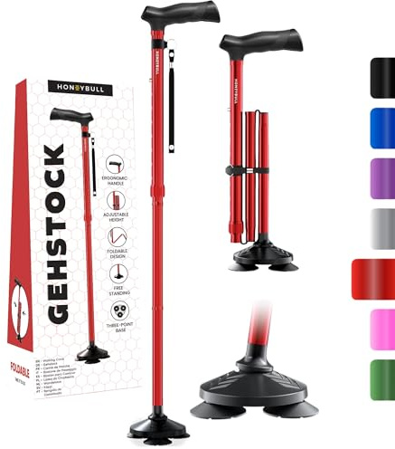 HONEYBULL Walking Cane for Men & Women Foldable, Adjustable, Heavy Duty, Free Standing, All Terrain, Collapsible Walking Sticks for Seniors & Adults (Red)